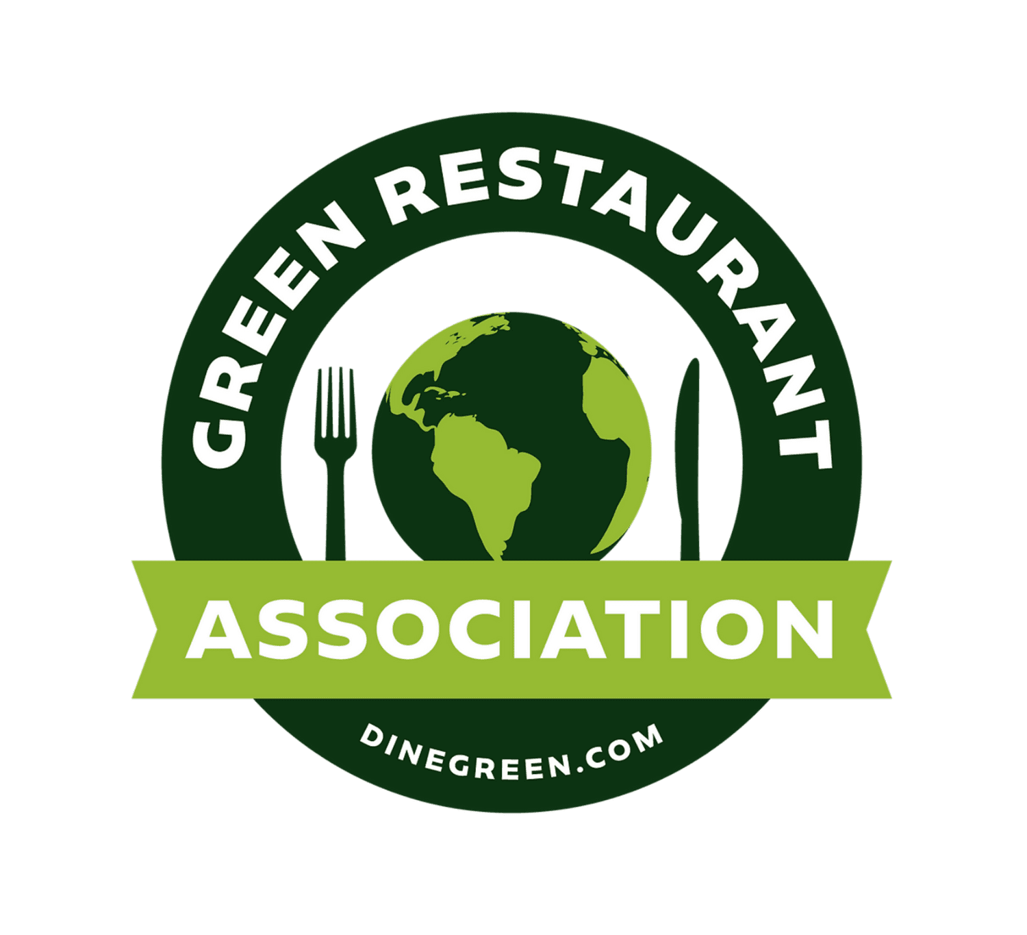 Logo indicating green restaurant association on a banner around a globe with utensils
