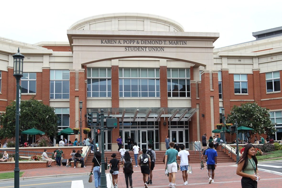 Exterior of Popp Martin Student Union building with people walking around