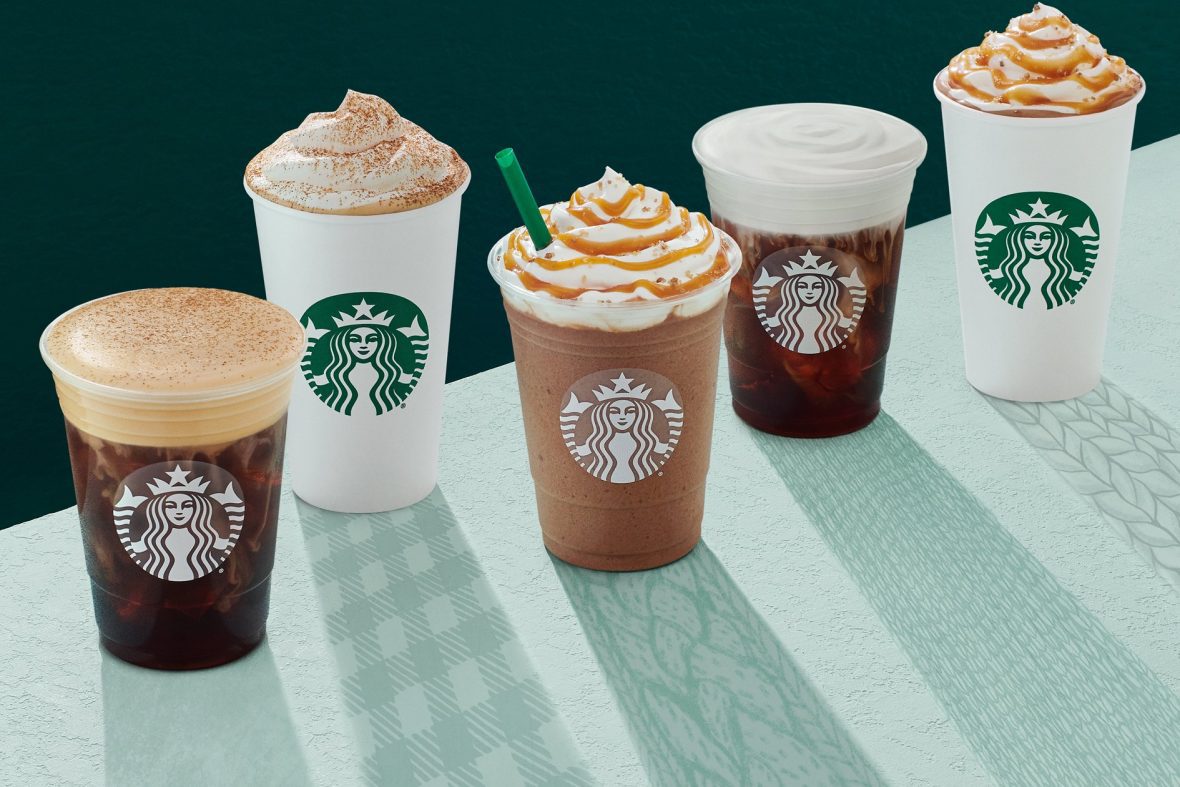 a lineup of starbucks drinks