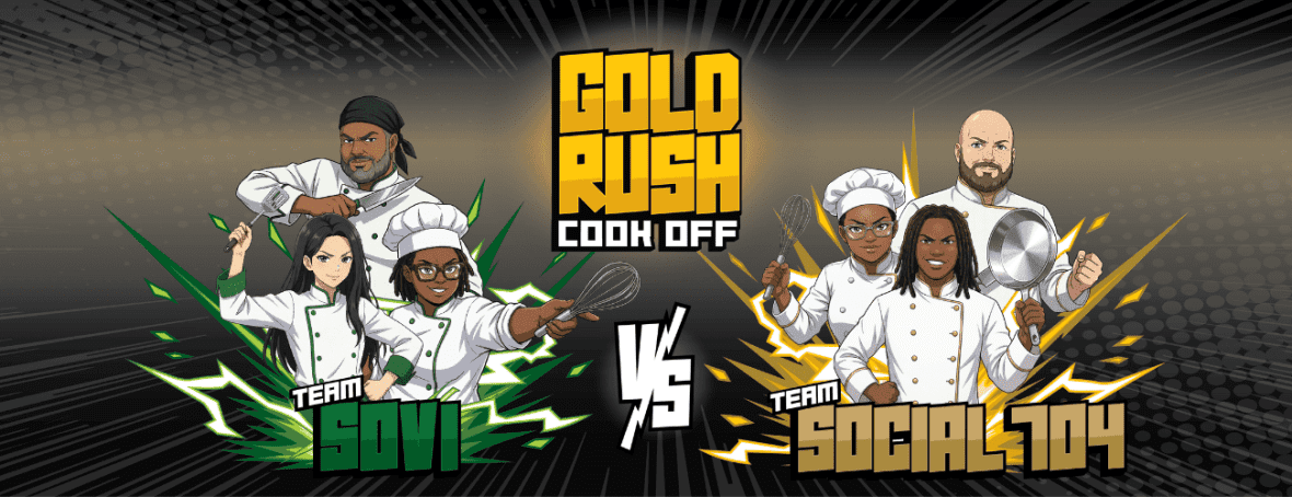 anime-style cartoon with two teams of 3 people in chef outfits posing by the cook off logo 