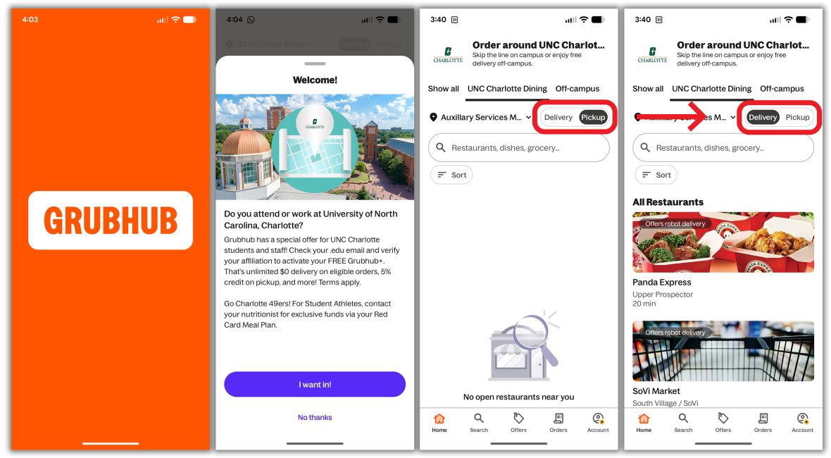 screenshots showing steps to order campus robot delivery in the Grubhub app